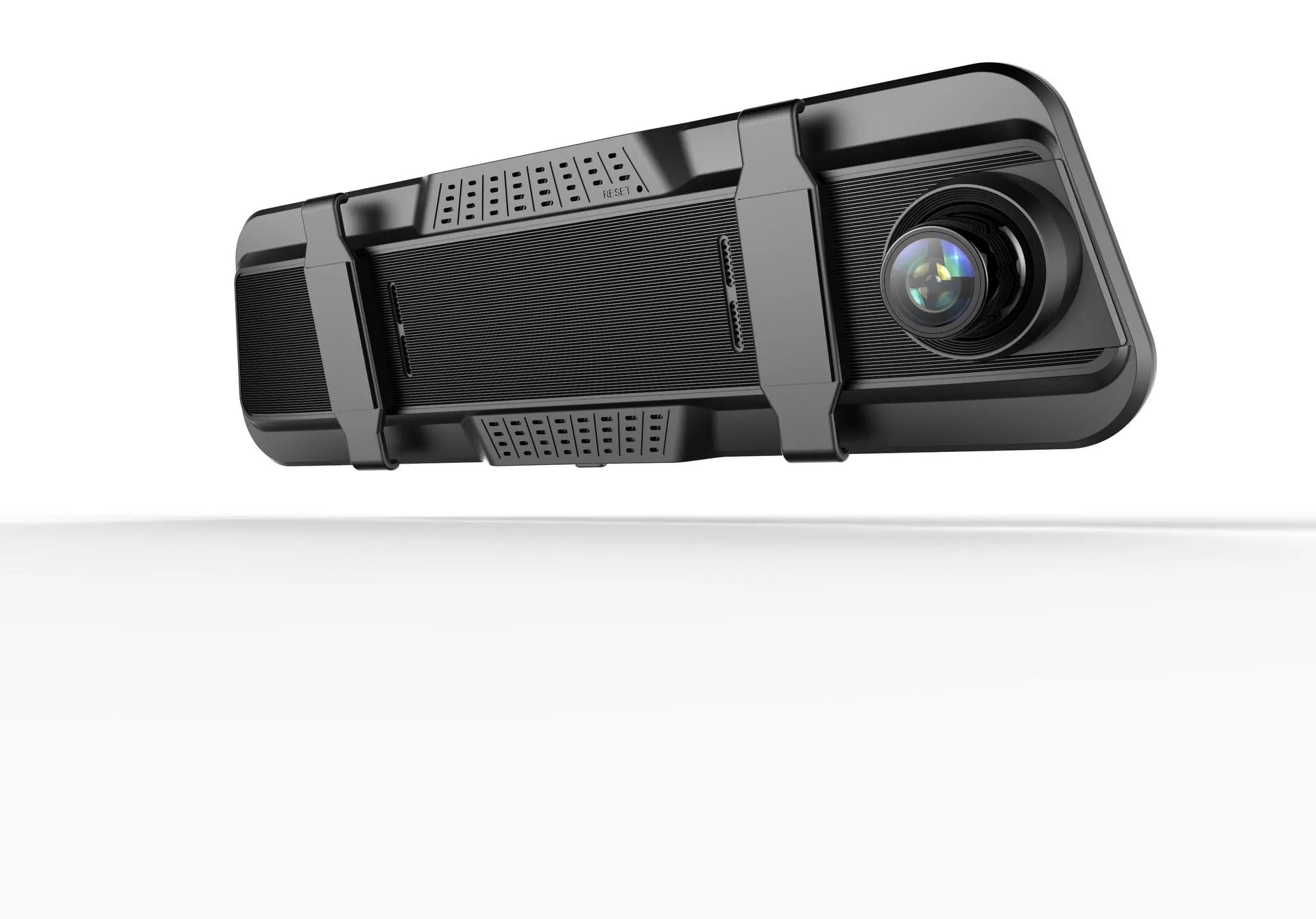 Black dual-lens driving recorder with a large touch screen mounted on a car windscreen.