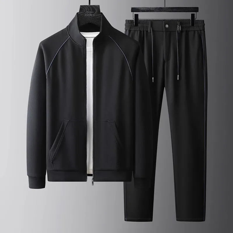 Men's slim-fit stand collar sports jacket and trousers suit set in Vinylon fabric.