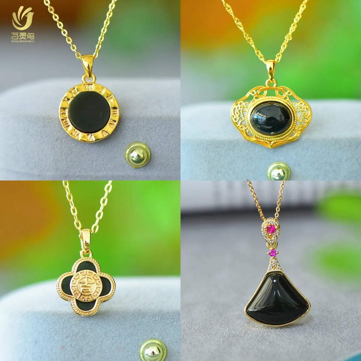 Flat Hetian gray jade pendant with copper inlay on a necklace chain.