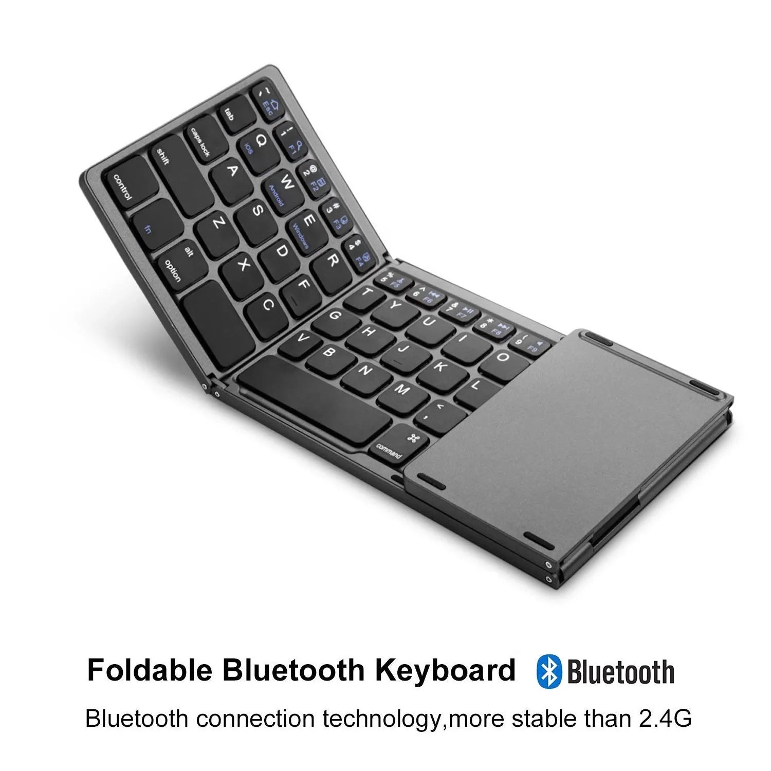 Black mini tri-fold Bluetooth keyboard shown open and folded, highlighting its thin 0.8cm profile.
