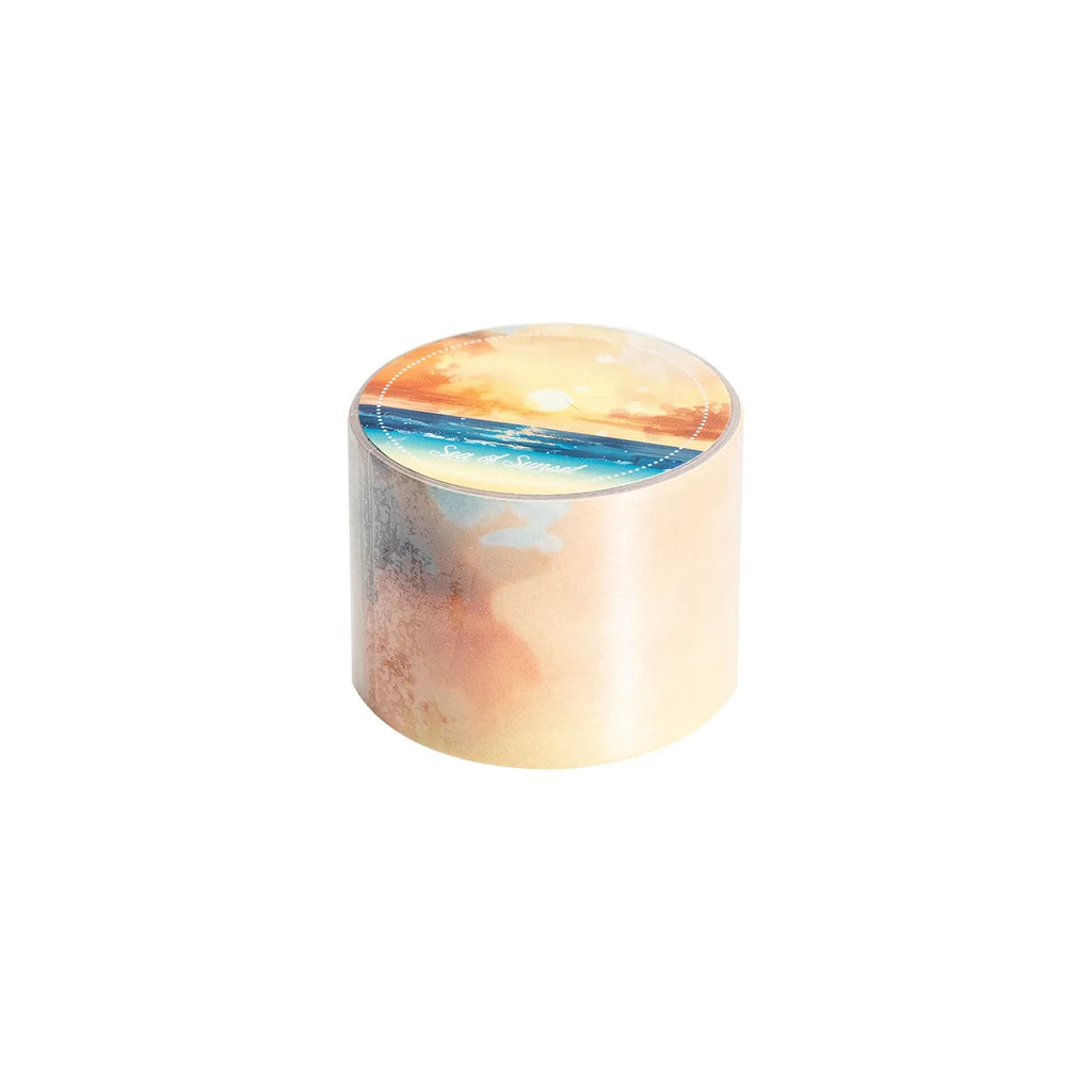 Roll of Japanese paper decorative washi tape with sky theme designs, showing colourful clouds, sunny day, and twilight patterns.