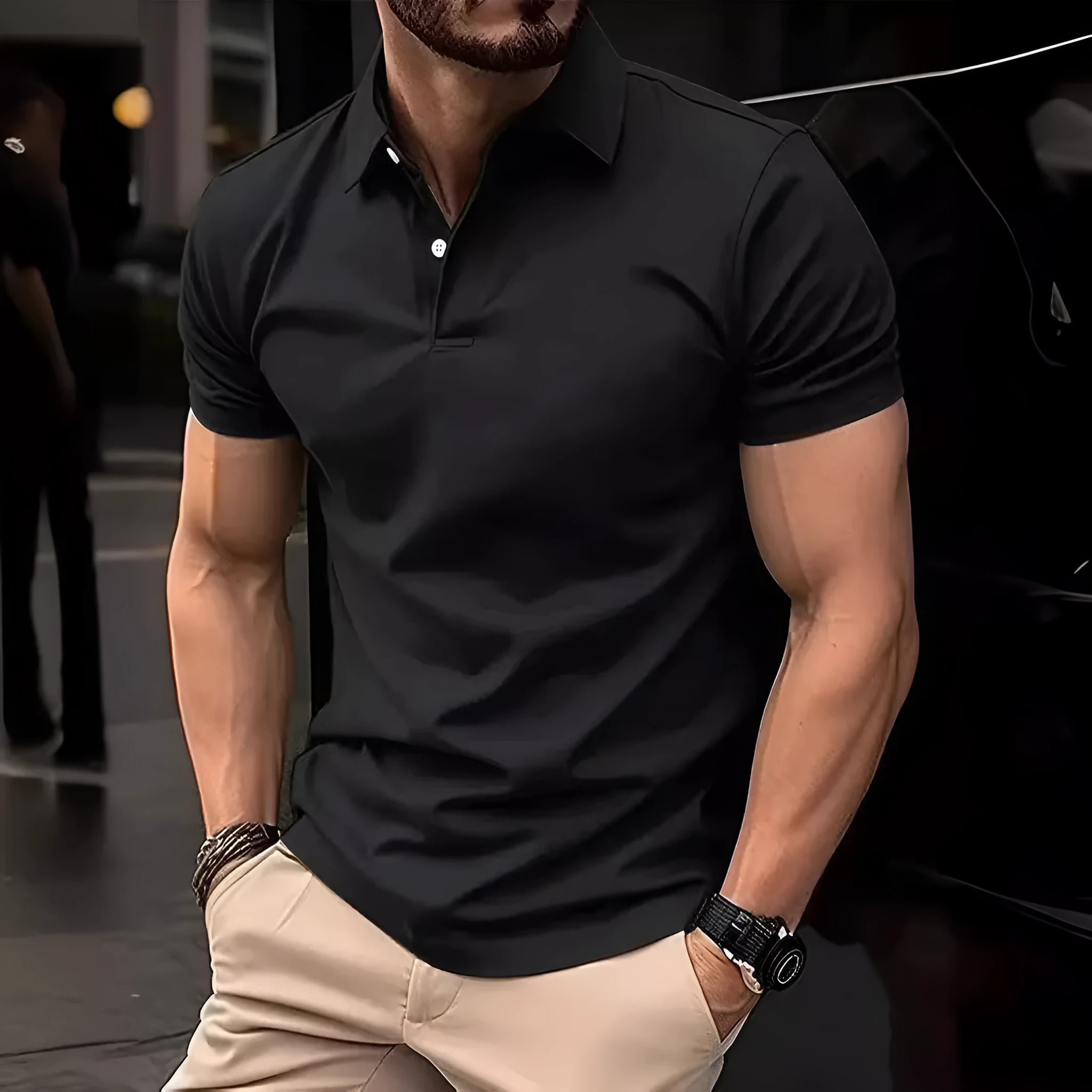 Men's slim fit casual button-up short sleeve shirt in cotton blend fabric, solid colour options