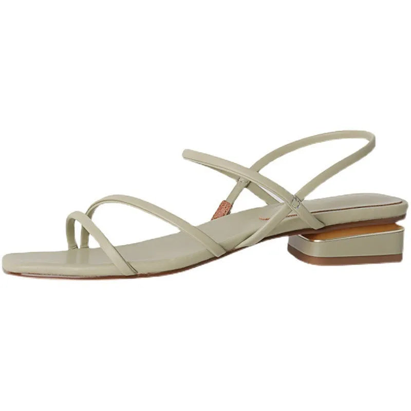 Flat strap open-toed Roman sandals women square head microfiber solid colour green