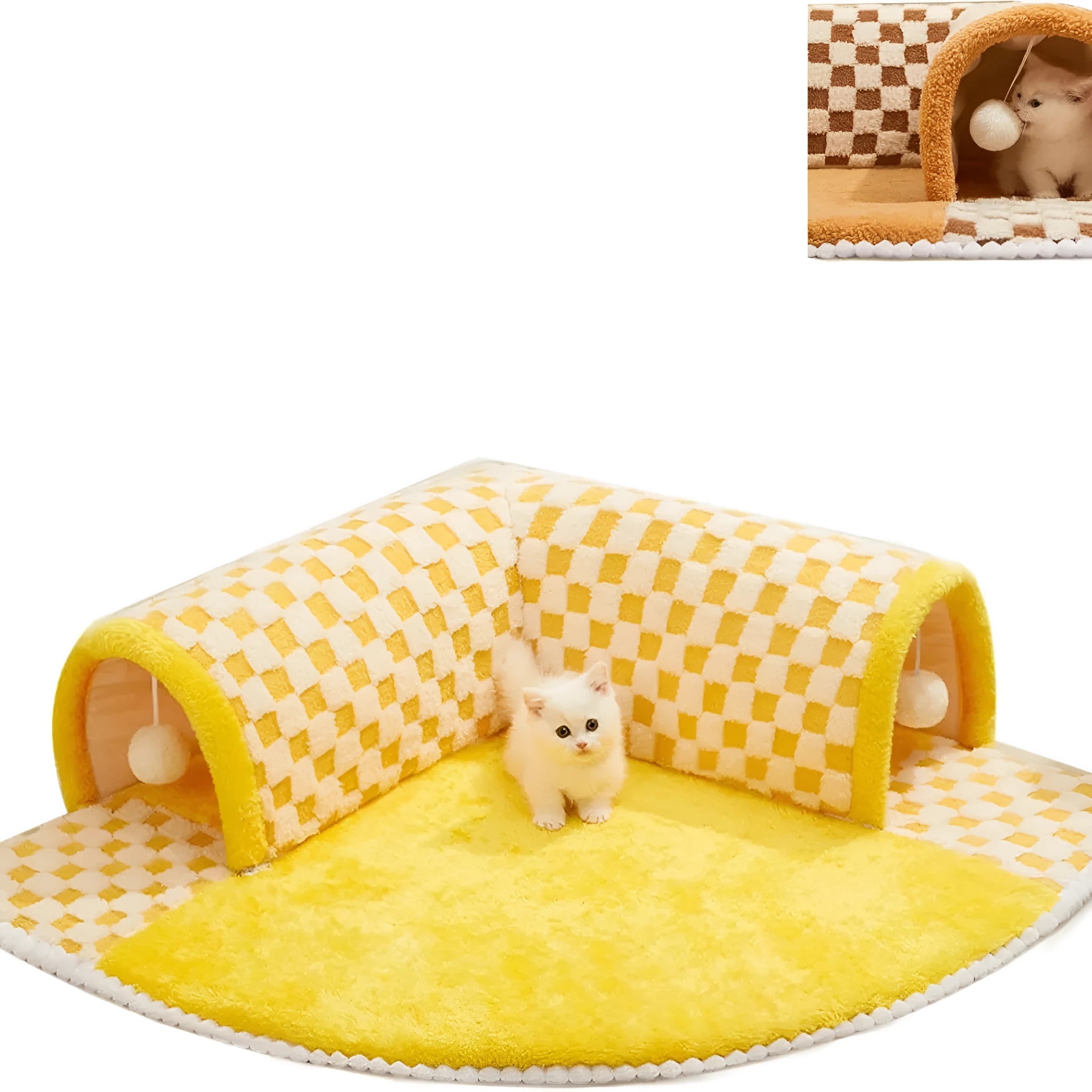 Plush plaid cat tunnel bed with central mat for indoor cats, brown colour, non-slip bottom