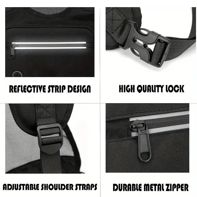 Black adjustable reflective polyester chest bag for running and cycling with multiple compartments and orange lining