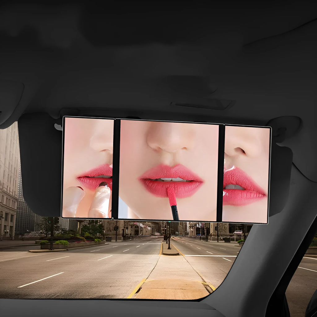 Silver car visor folding makeup mirror showing opened and closed positions