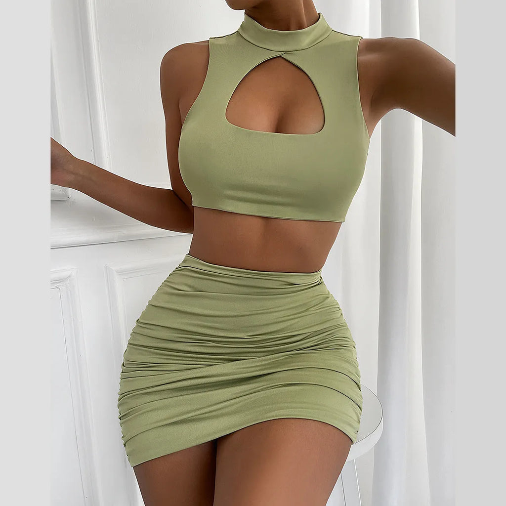 Women's light purple hollow vest and split skirt two-piece outfit with elastic polyester fabric