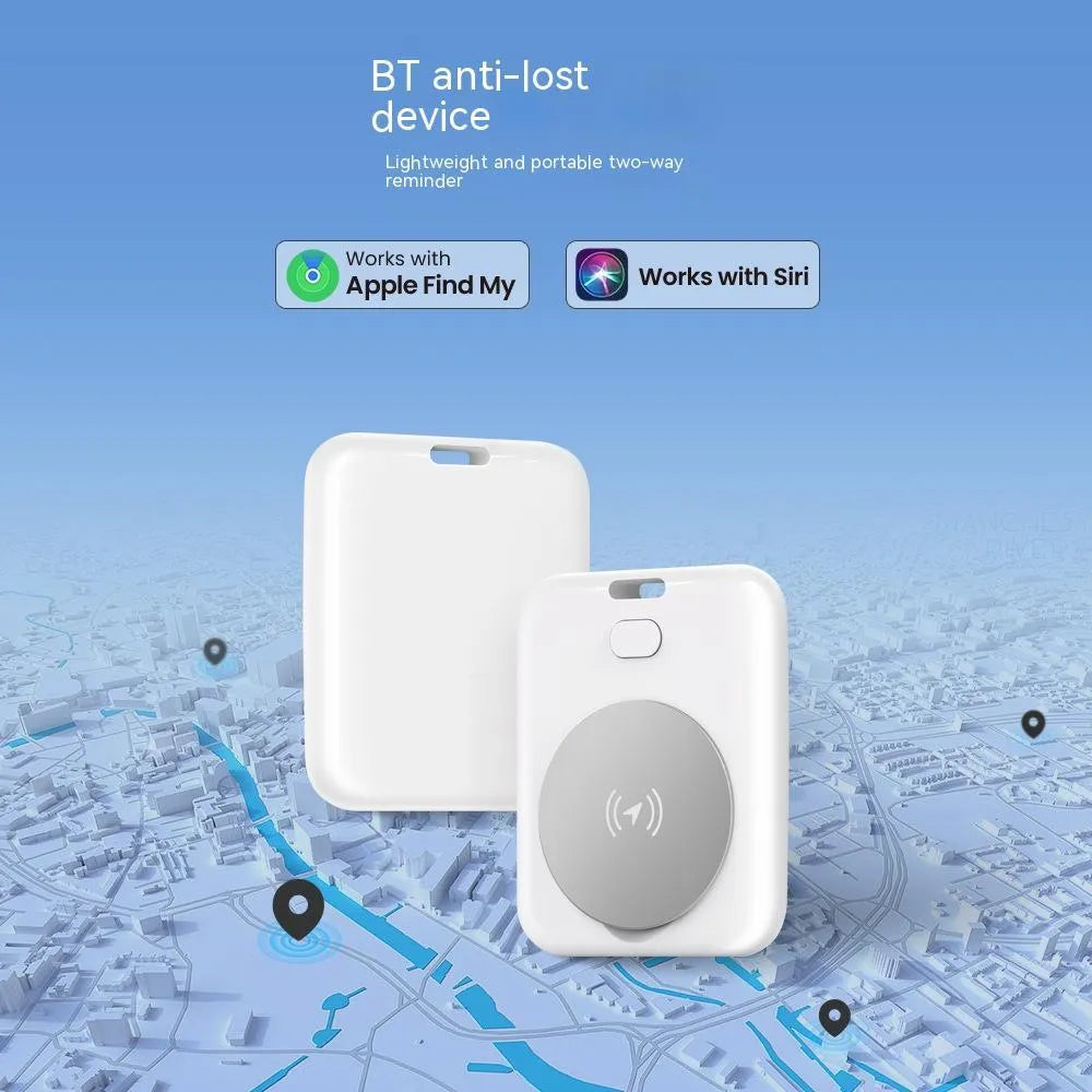 White ABS anti-lost locator pet tracking device for Apple users with alarm function on blue background