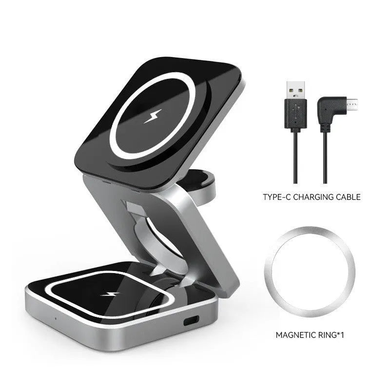 Three-in-one foldable desktop wireless charging bracket for Apple, Samsung, and Google Pixel Watch with magnetic induction ring