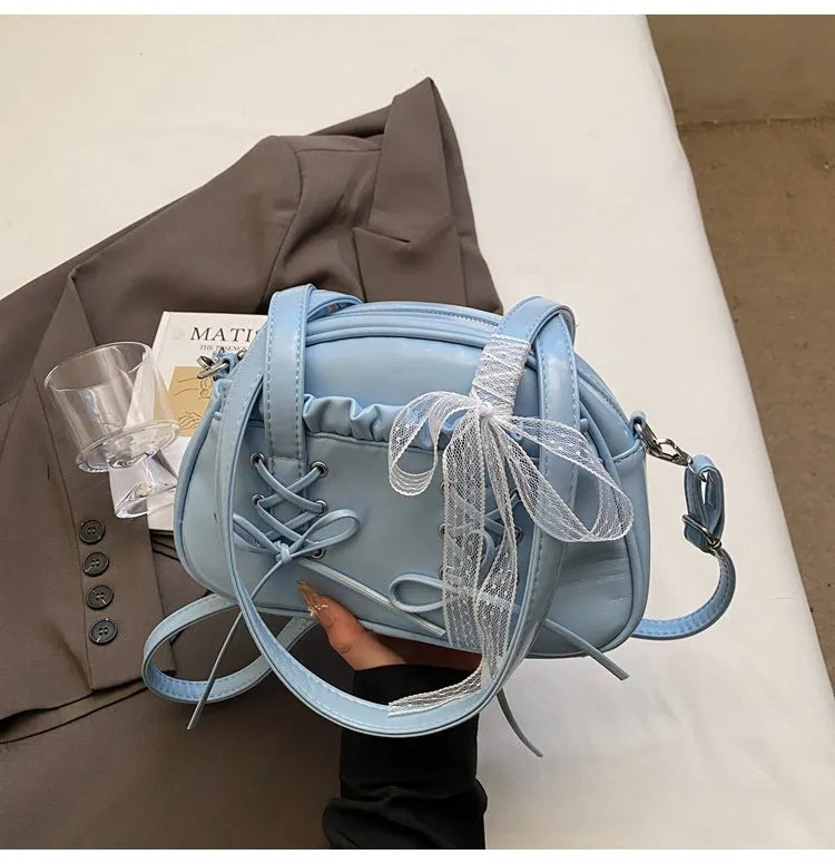 Ladies bandage bow shoulder handbag in PU leather with mobile phone pocket interior