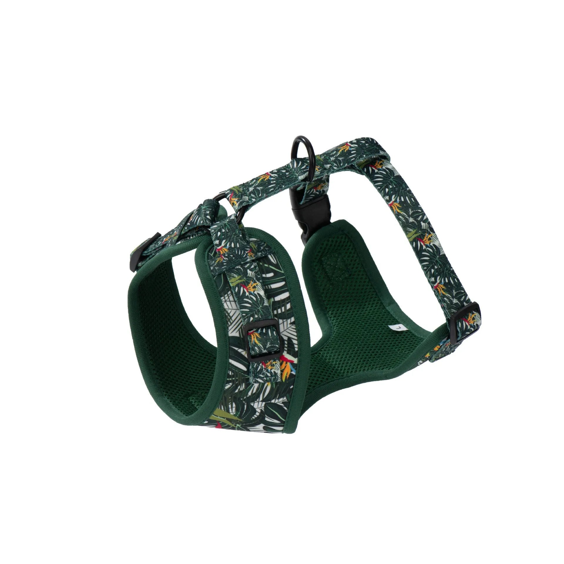 Adjustable cloth dog harness set with six accessories including vest, collar, leash, waste bag holder, bow tie, and scarf