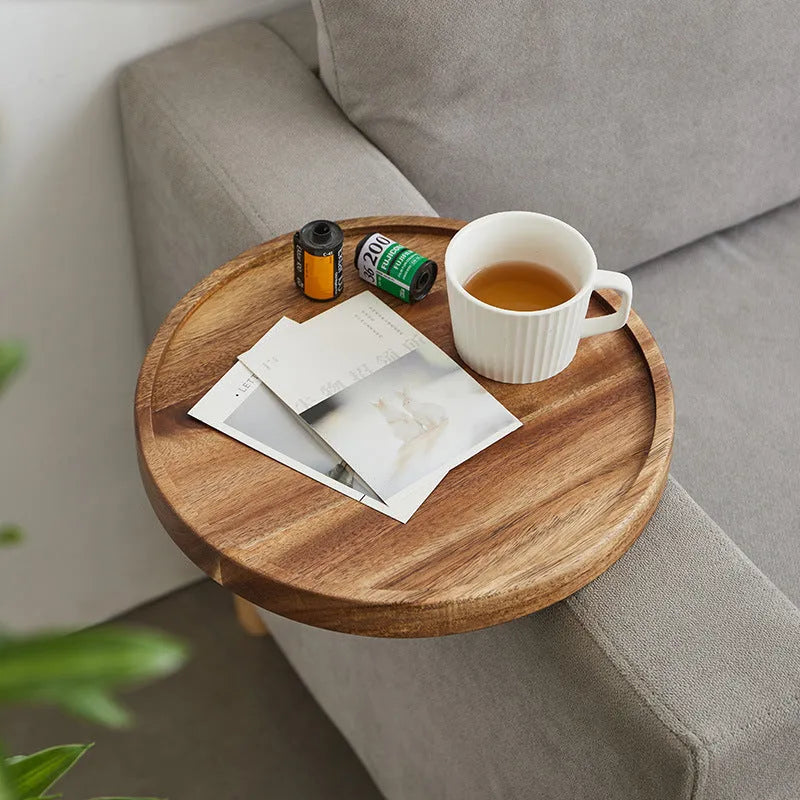 Wooden removable round tea cup tray bracket hooked on a sofa handrail for storage