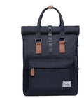 Casual polyester backpack in black, shown with cover open revealing internal laptop pocket and organiser.