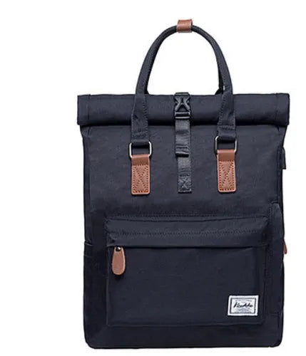 Casual polyester backpack in black, shown with cover open revealing internal laptop pocket and organiser.
