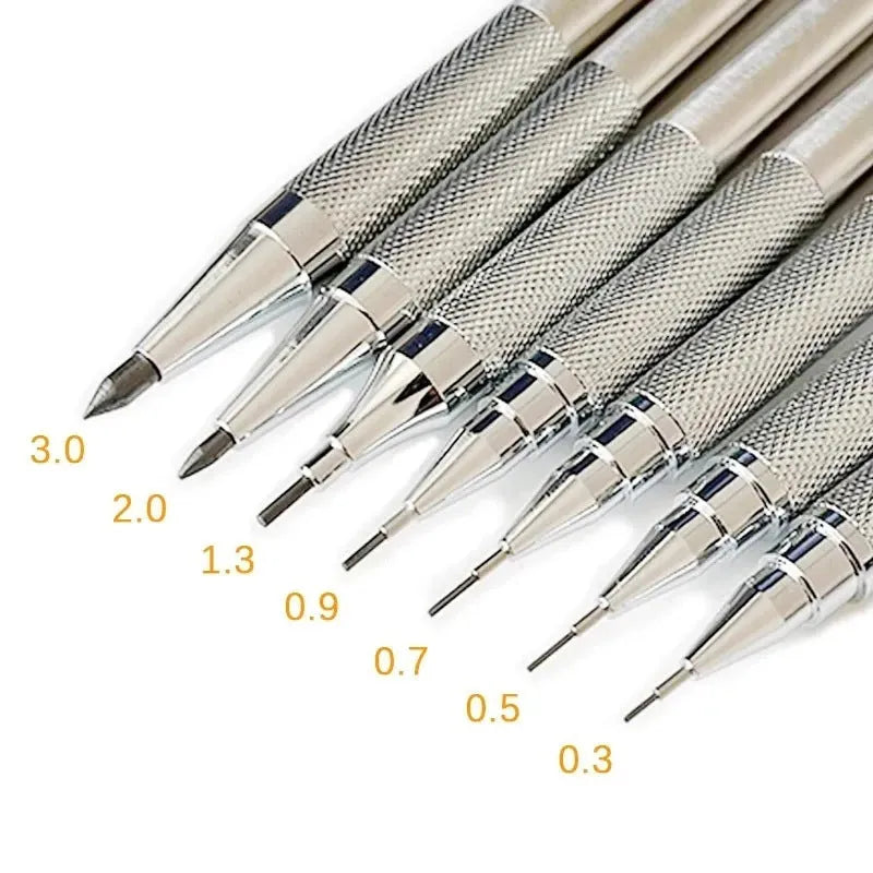 Metal automatic mechanical pencil with push-button mechanism, compatible with 0.5mm to 2.0mm lead sizes