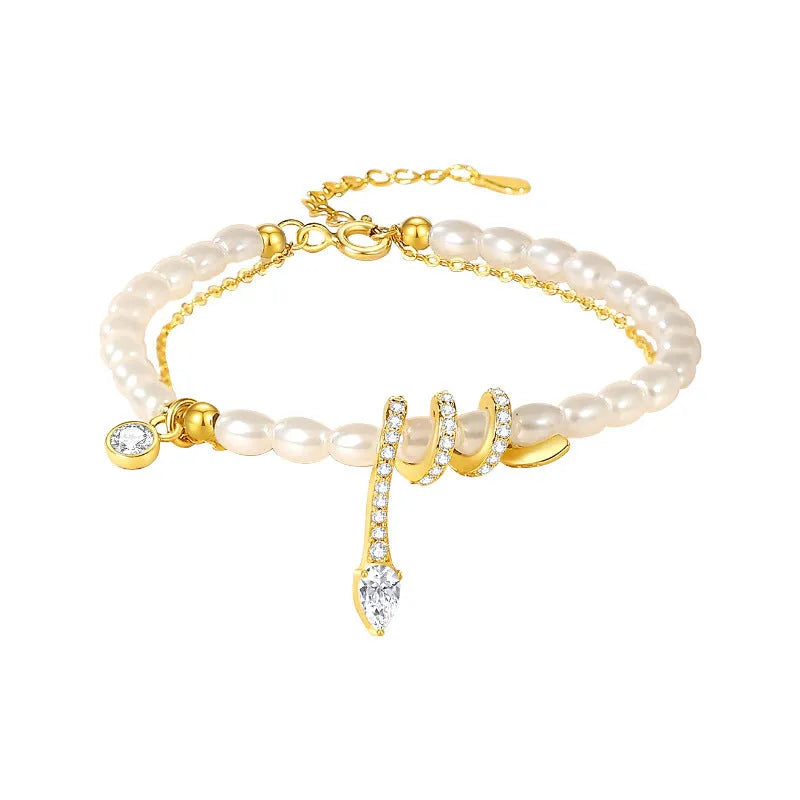 Pearl snake 925 sterling silver beaded bracelet, New Chinese style, electroplated gold colour finish