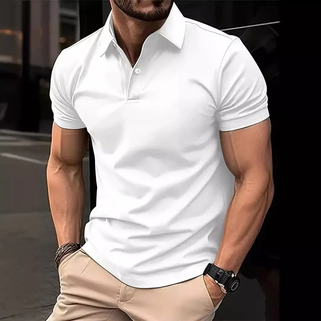 Men's slim fit casual button-up short sleeve shirt in cotton blend fabric, solid colour options