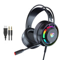 Black wired over-ear computer headphones with microphone and long cable on a desk