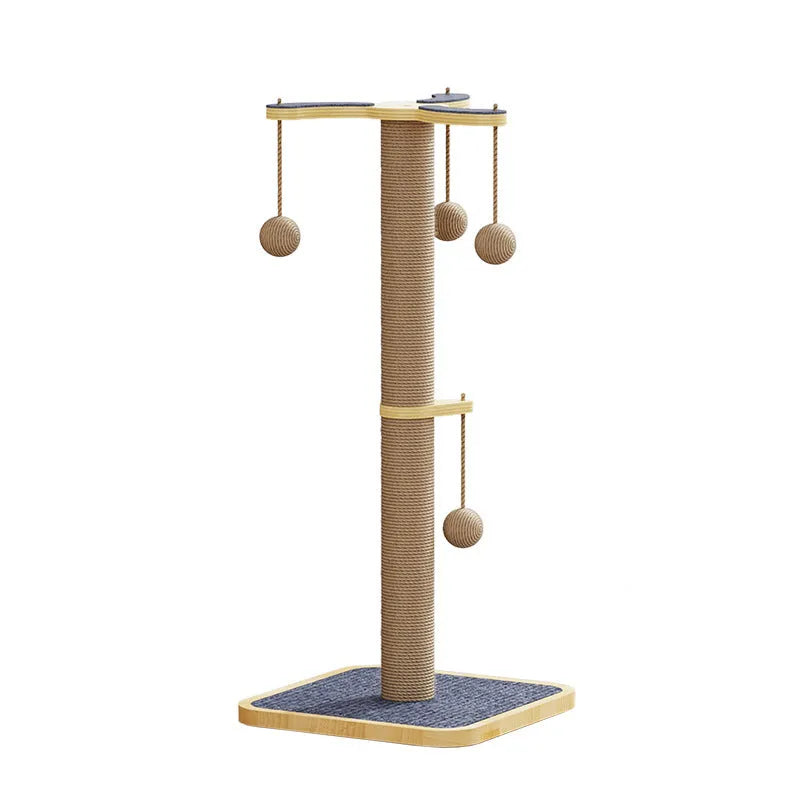 Windmill-style cat climbing frame toy with a hanging ball, made from pine wood and carpet leather.