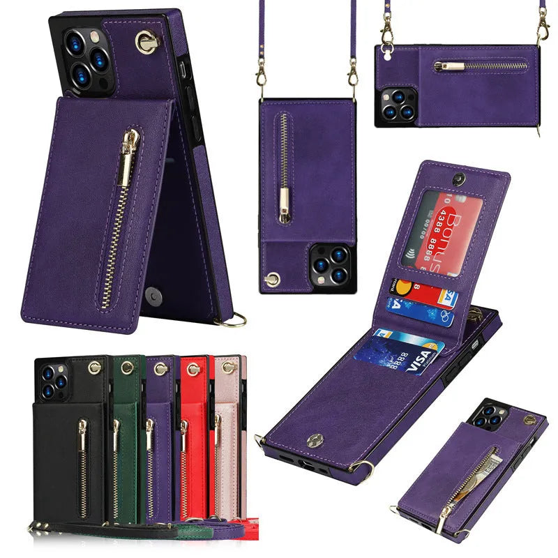 Leather and TPU protective phone case for smartphone in black, green, purple, red, and rose gold colours.