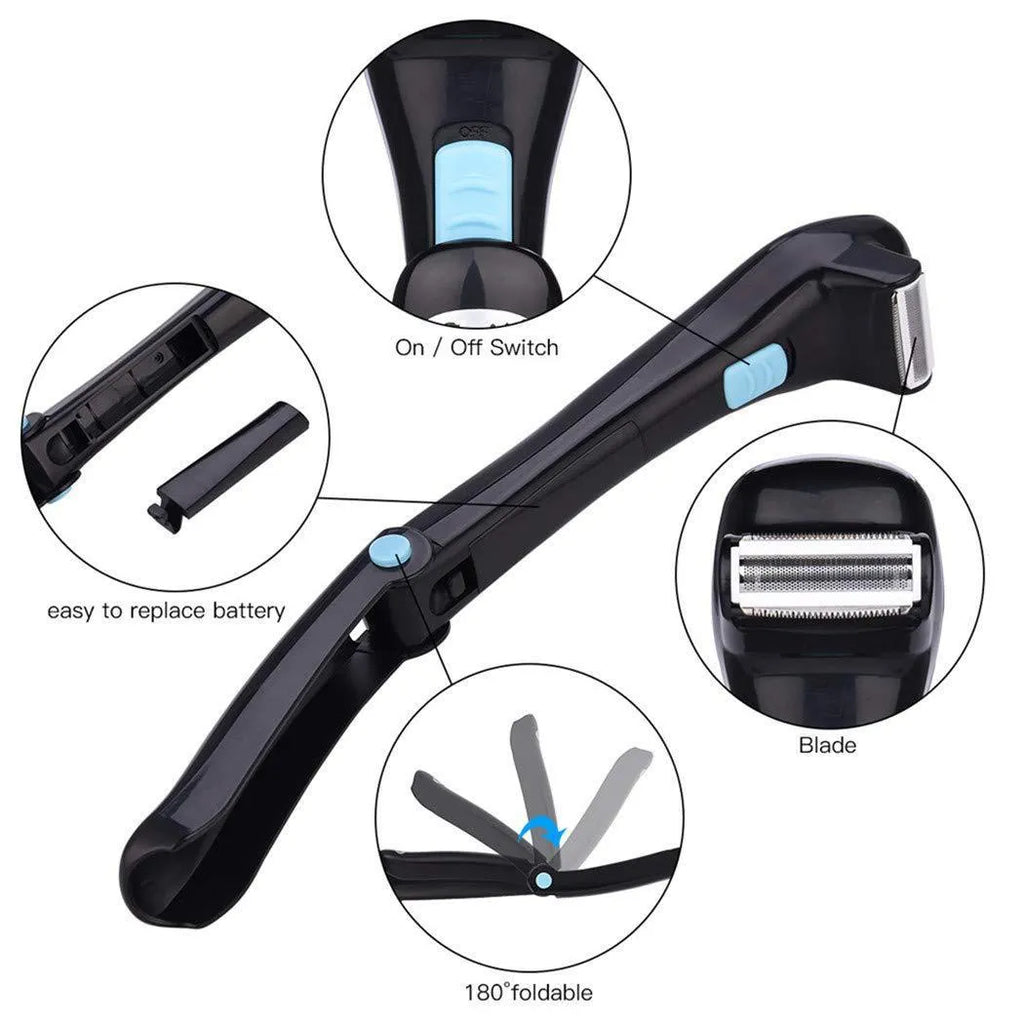 Black folding electric body shaver with battery compartment for AA dry batteries