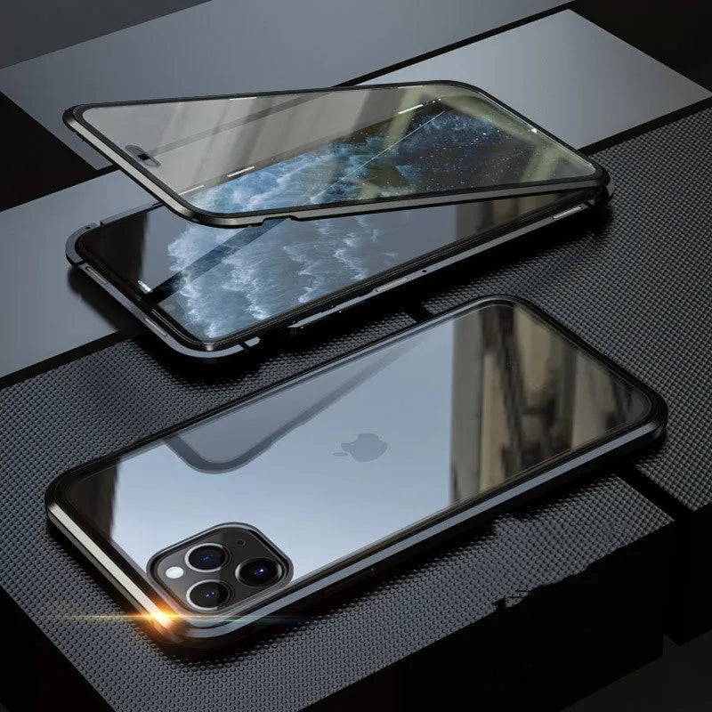 Glass anti-spy mobile phone case for iPhone with clamshell design and geometric pattern in multiple colours.