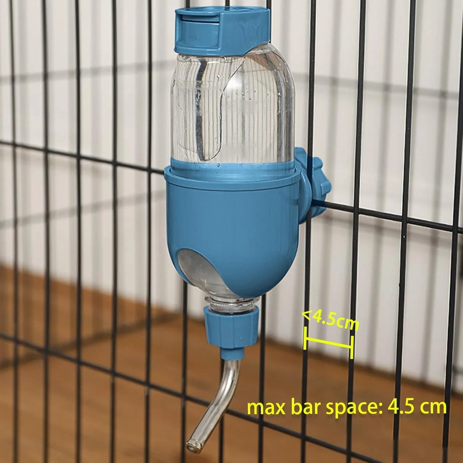 Blue small animal water bottle with 360° rotatable nozzle mounted on cage
