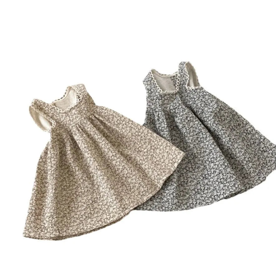 Girls' three-dimensional lace vintage floral vest dress in gray apricot polyester fiber, suitable for heights 73-100cm