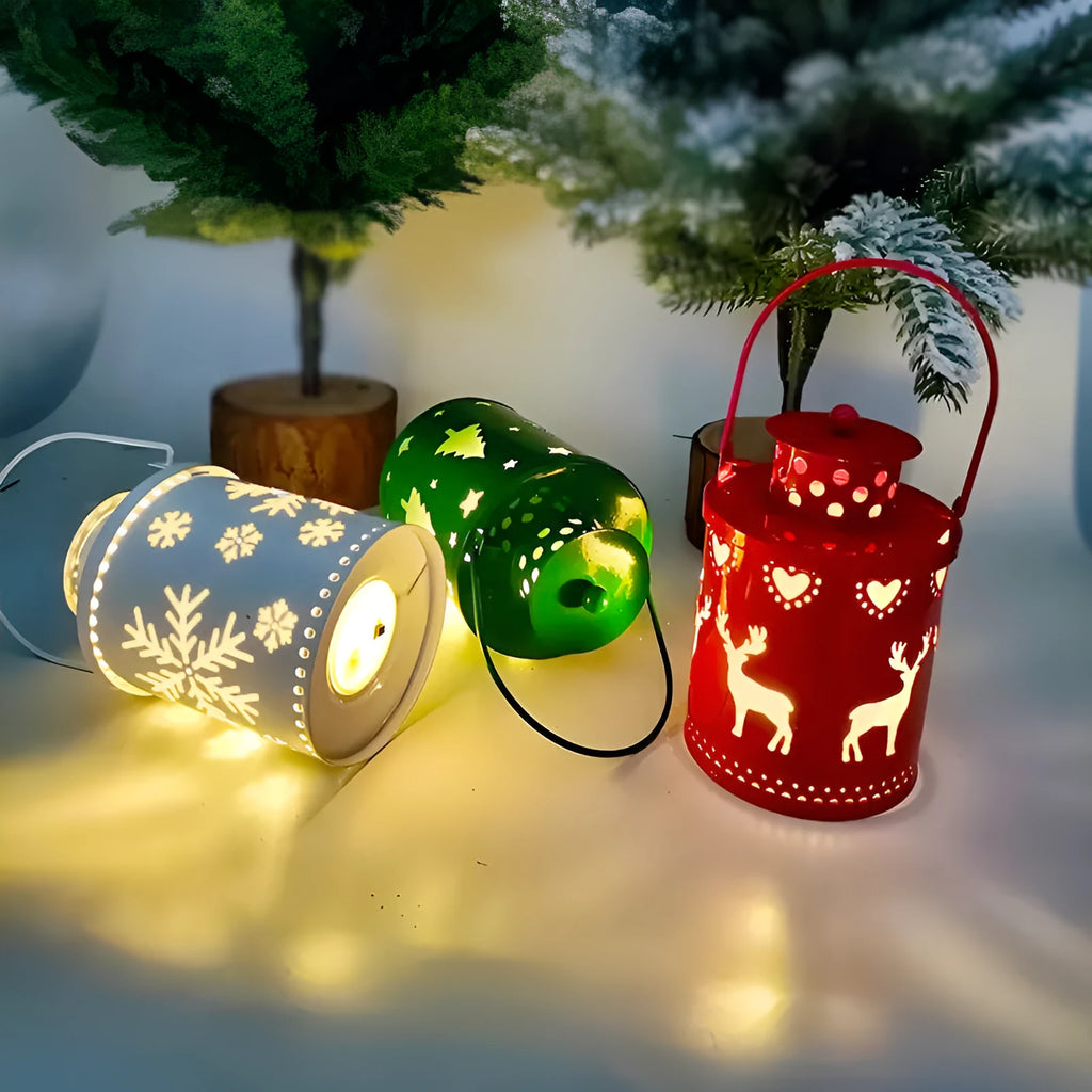 Wrought iron LED candle lantern with flickering light, available in green, white, and red, on a wooden shelf