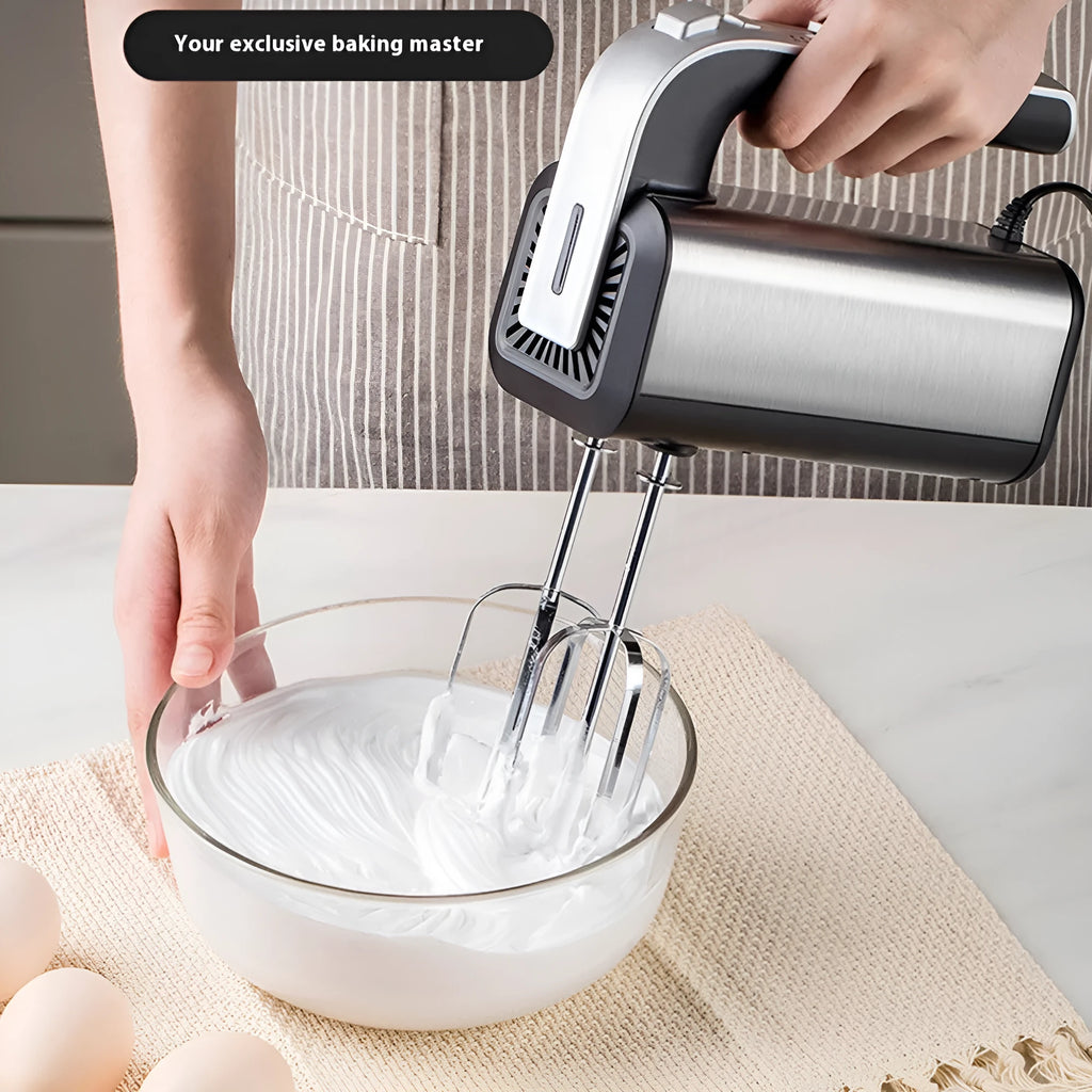 Silver household multifunctional mini electric whisk with plastic body and stainless steel attachments on a neutral background