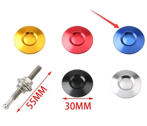 30mm diameter aluminium car engine cover lock with a button head, shown with a 55mm screw, in red finish.