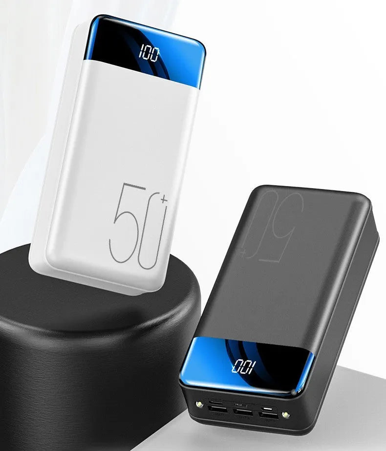 50000mAh power bank with three USB ports in black or white plastic casing