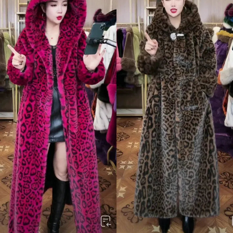Long brown leopard print faux fur coat for women, shown loose fit with regular sleeves