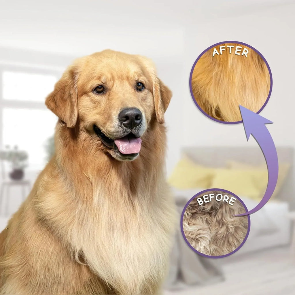 Purple pet grooming comb with stainless steel teeth and ergonomic handle for detangling dog and cat fur