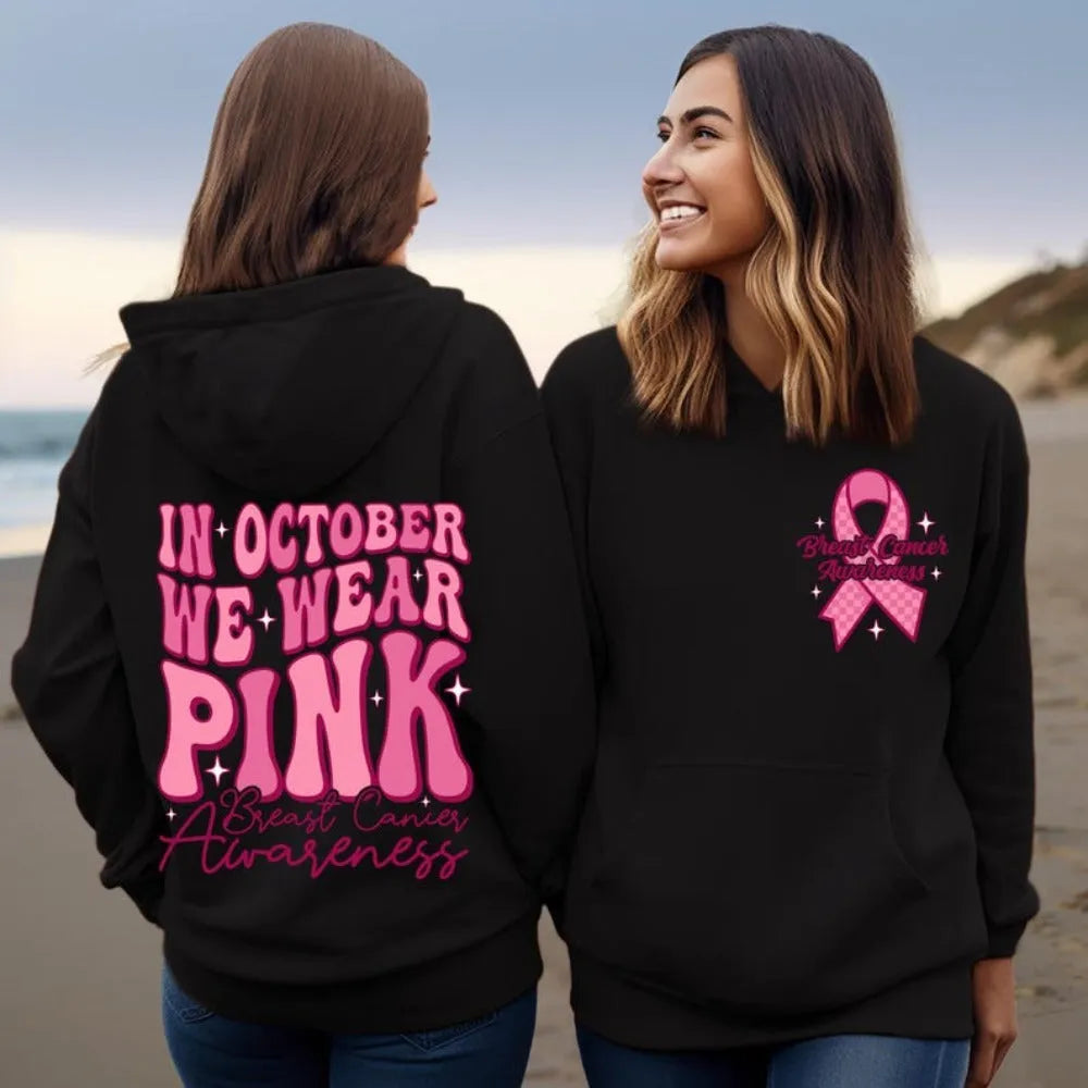 Breast Cancer Awareness pullover hoodie with retro art print and side seam pocket