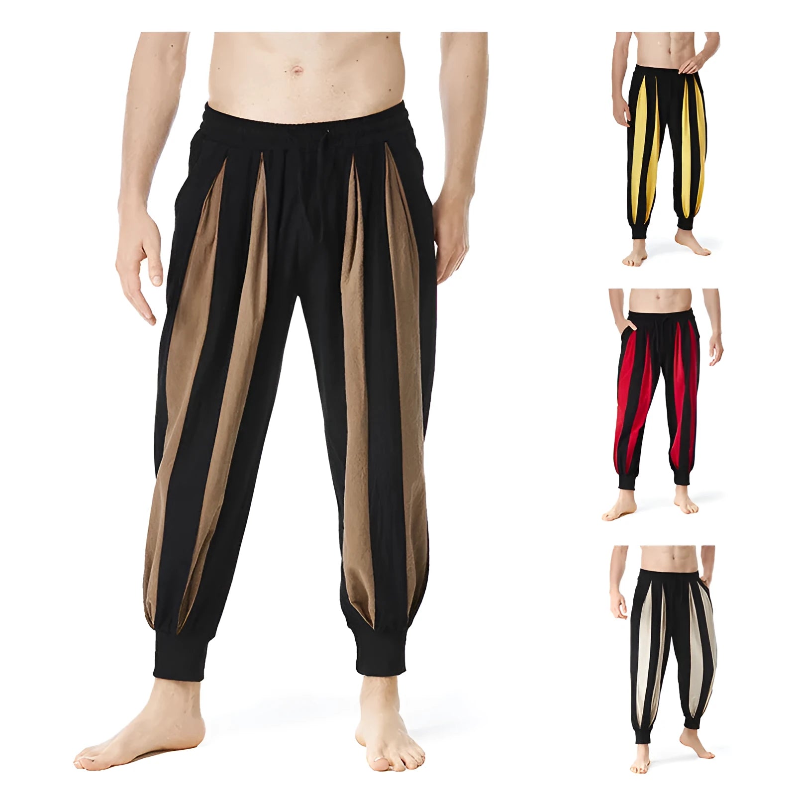 Men's straight-fit casual trousers in polyester available in four colours: red, khaki, yellow, brown