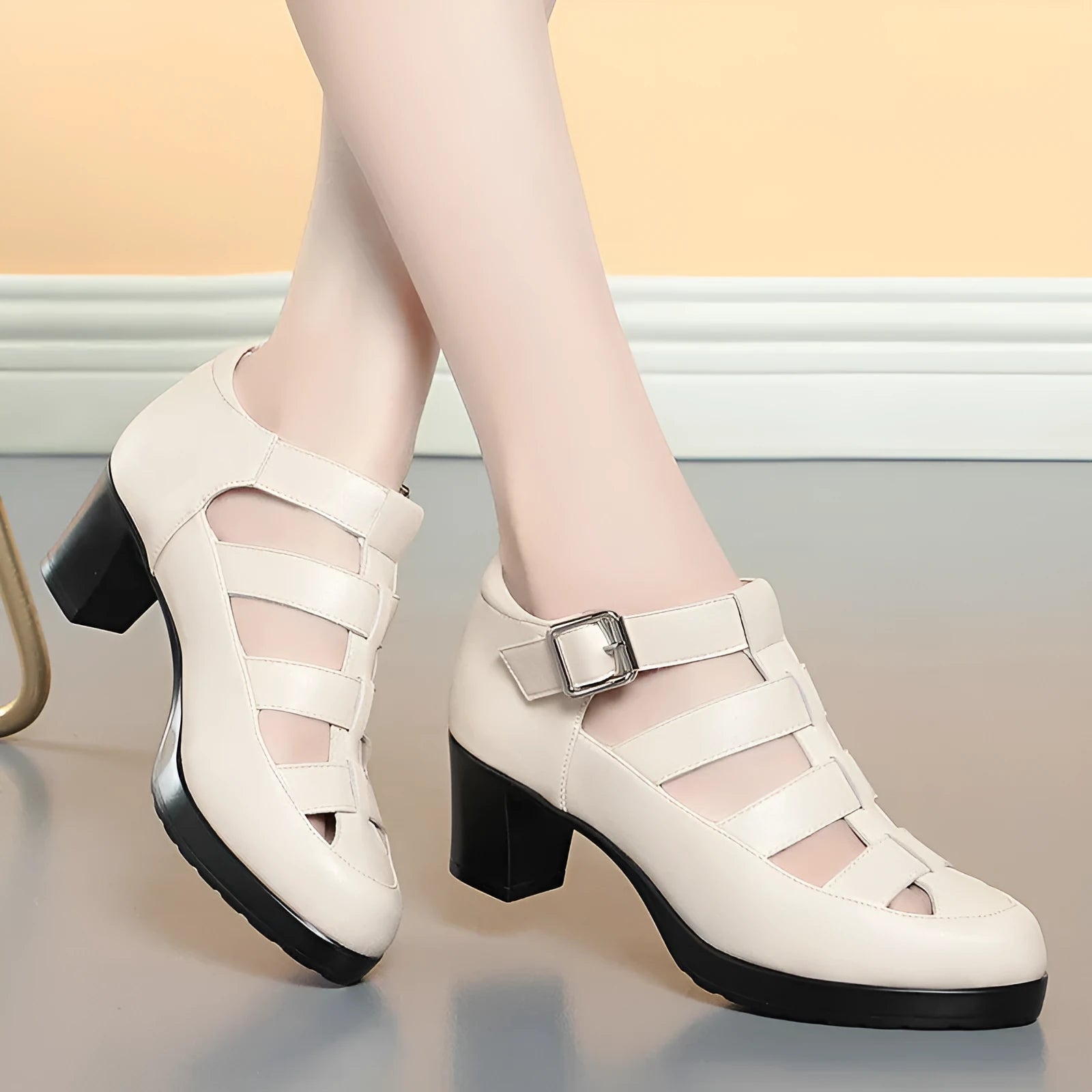 Women's closed toe chunky heel sandals with woven hollowed design and ankle strap in beige