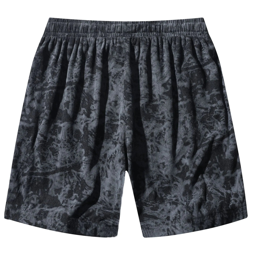 Men's black corduroy camouflage pattern athletic shorts with a high waist and straight-leg design on a mannequin.