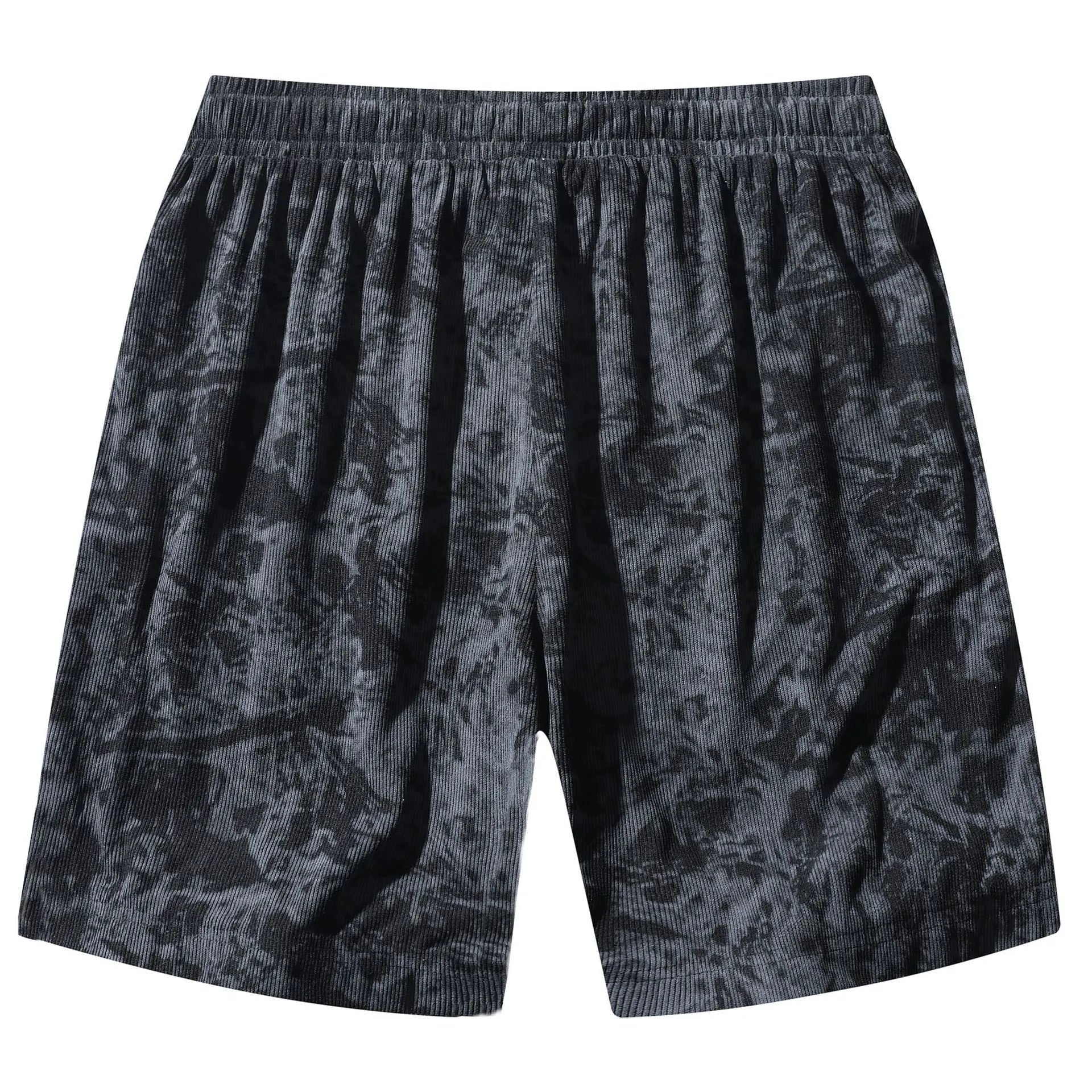 Men's black corduroy camouflage pattern athletic shorts with a high waist and straight-leg design on a mannequin.