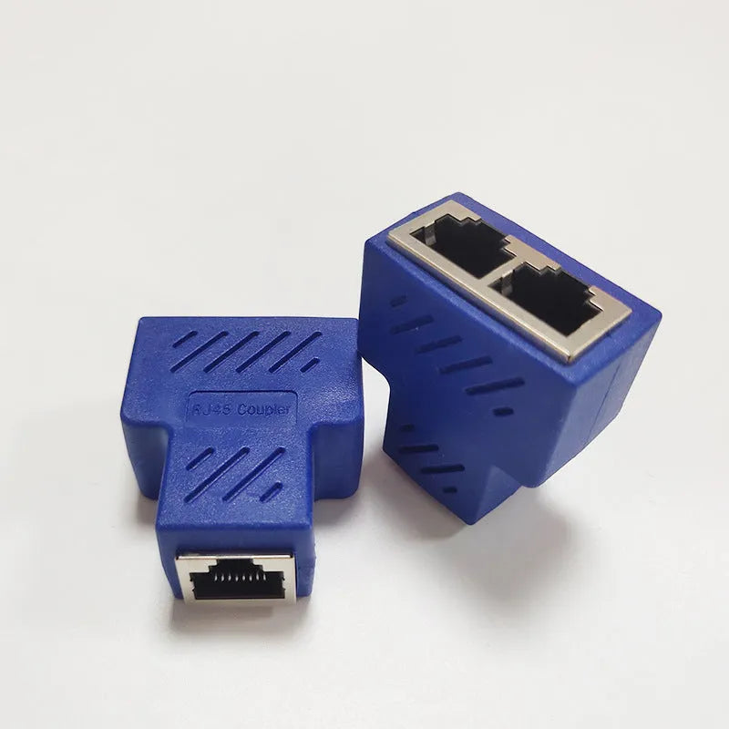 RJ45 network cable splitter adapter in multiple colours, showing one male and two female ports.