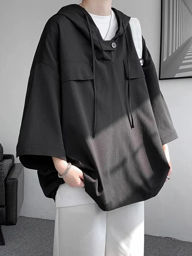 Men's loose fit hooded short sleeve t-shirt in polyester pullover style for summer casual wear