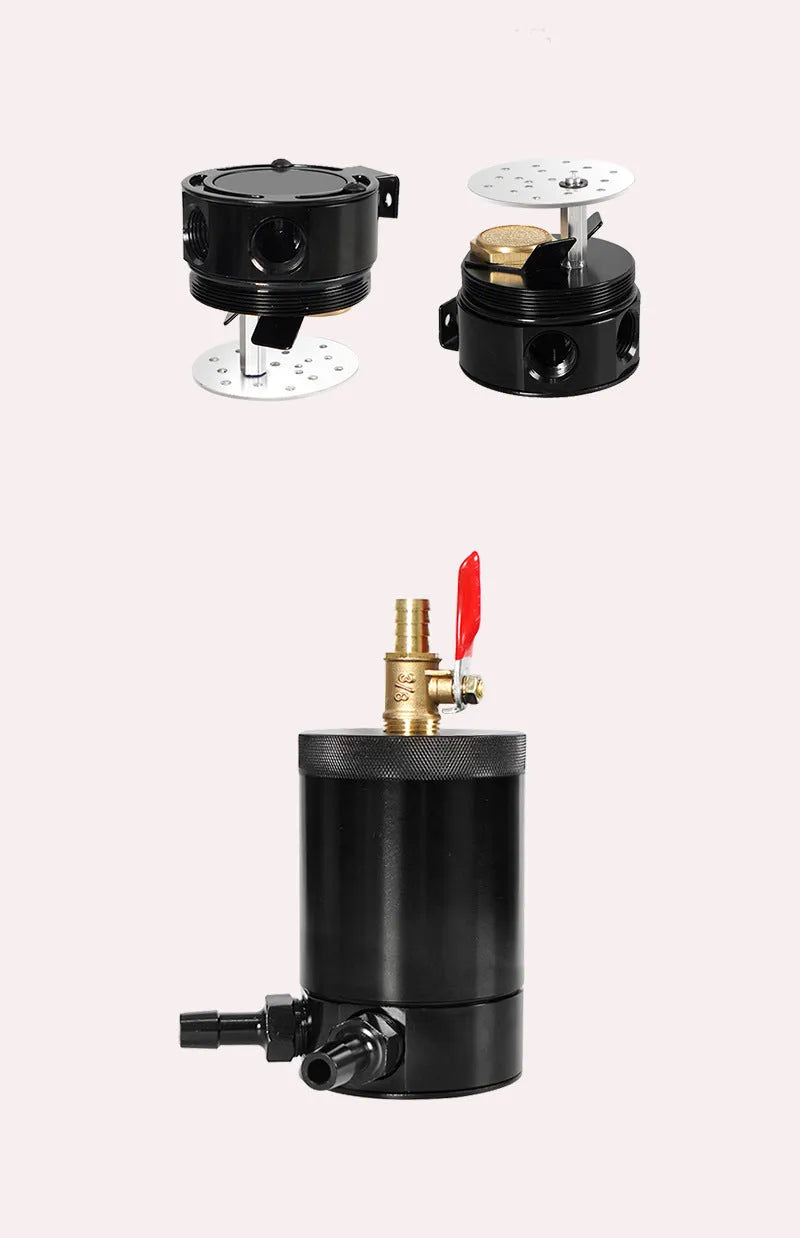Black and silver aluminium automotive oil pot with two-hole breathable design