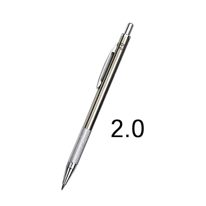 Metal automatic mechanical pencil with push-button mechanism, compatible with 0.5mm to 2.0mm lead sizes