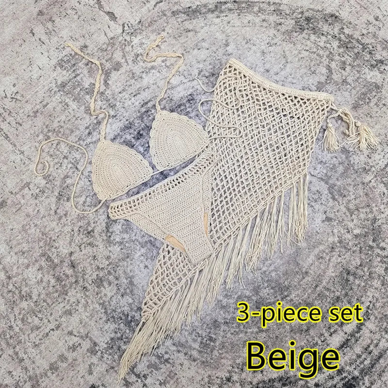 Women's 3-piece handmade crochet bikini beach skirt swimsuit set in solid colours