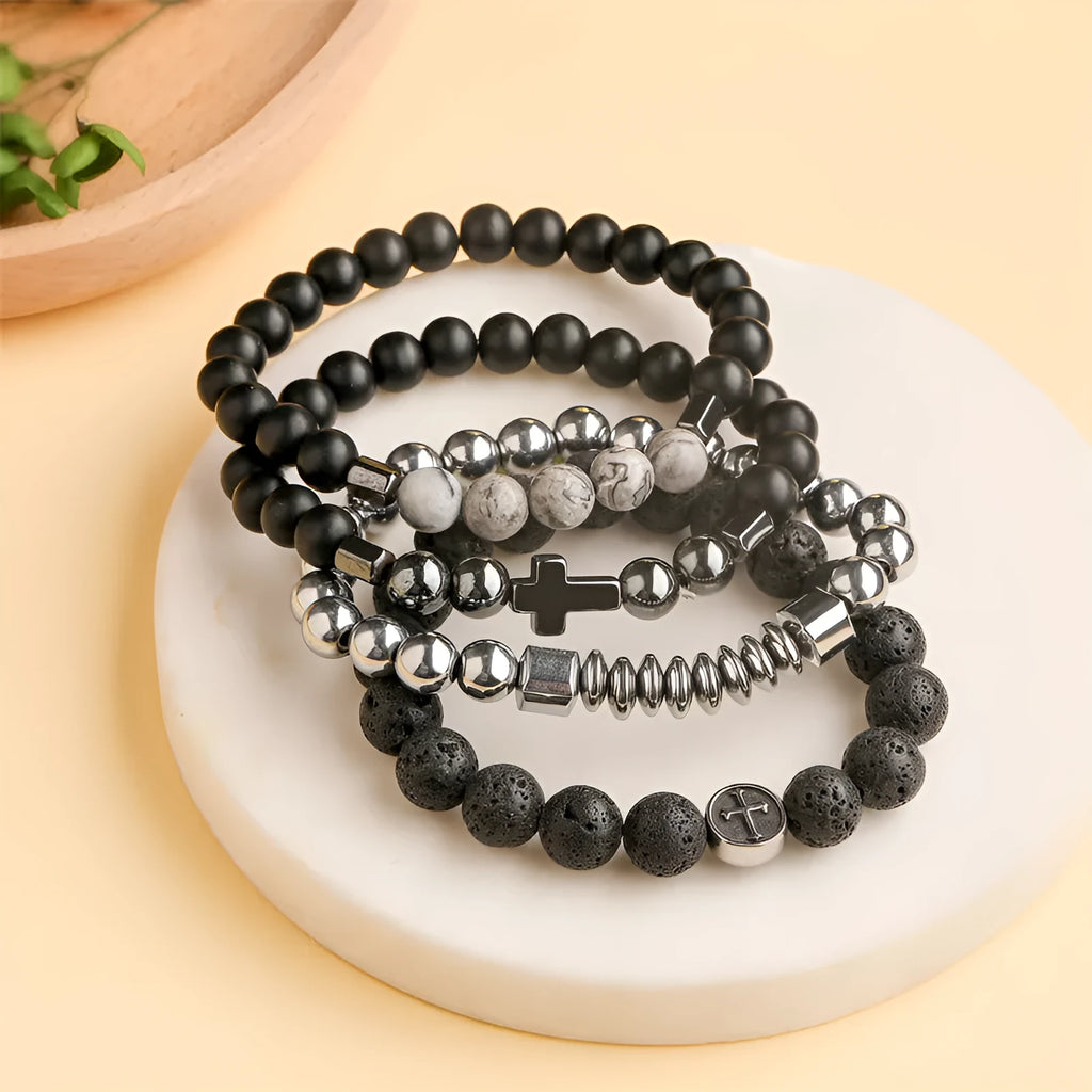 Stainless steel geometric bracelet with a central 10mm volcanic-colour agate stone.