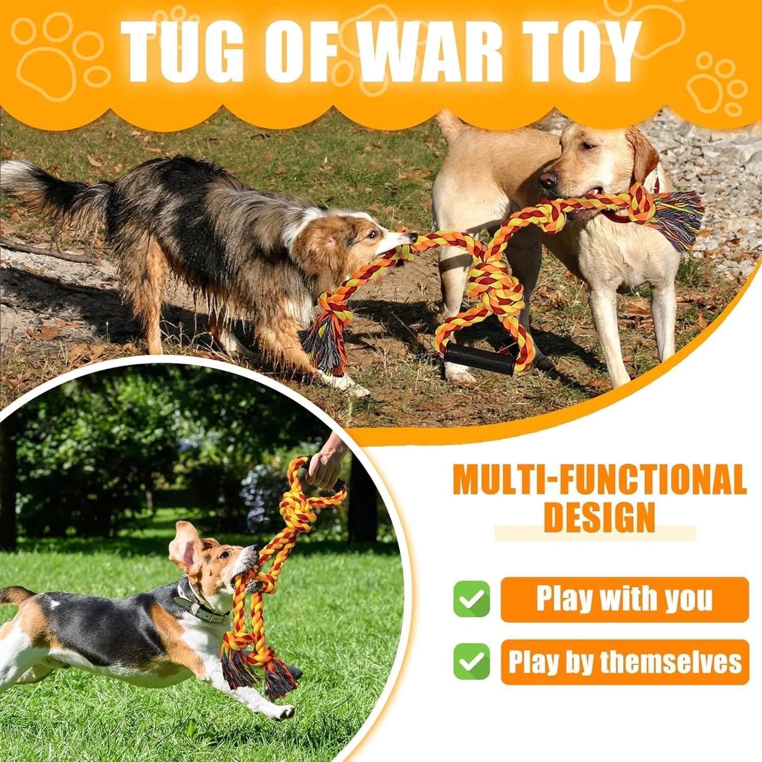 Blue and yellow cotton rope dog toy with ergonomic handles for tug-of-war games