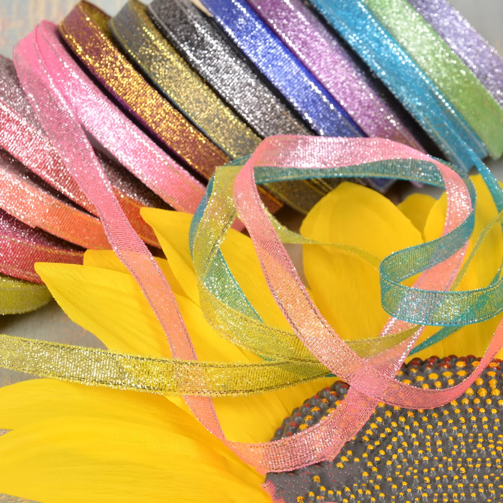 Green onion patterned polyester ribbon showing 1cm width and colour options for gift wrapping