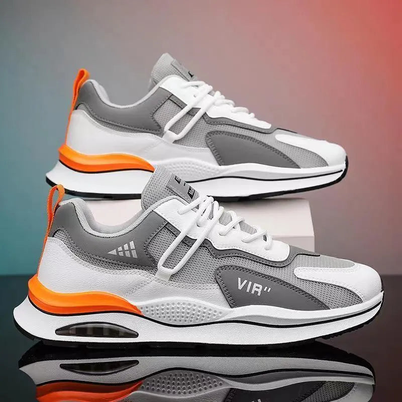 Men's grey mesh running shoes with round toe and lightweight EVA sole