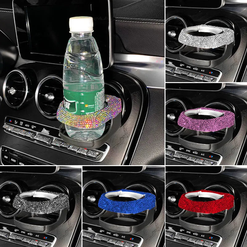 White rhinestone cup holder bracket clipped onto a car air vent