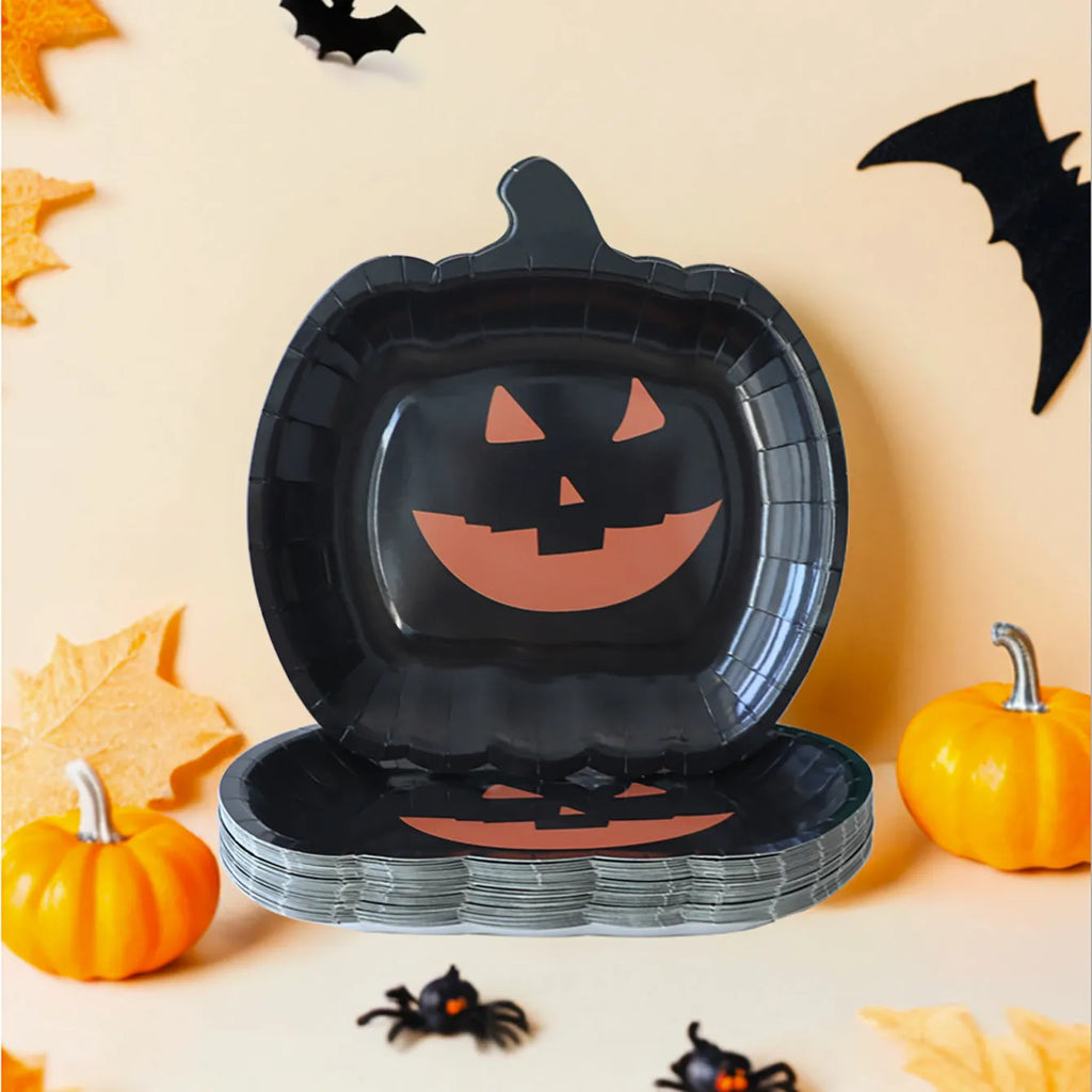 Thickened 9-inch black disposable paper plate with orange pumpkin Halloween design